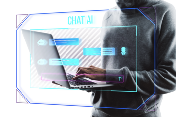 Person using a laptop with graphical chat AI interface overlay, on a white background, concept of artificial intelligence communication