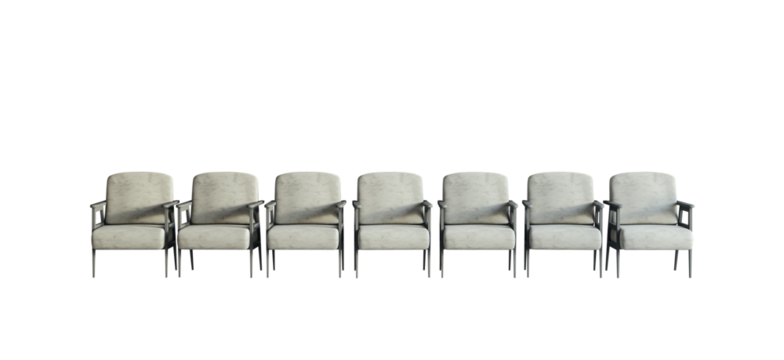 A row of modern grey armchairs on a clean white background, representing a concept of minimalist furniture design. 3D Rendering