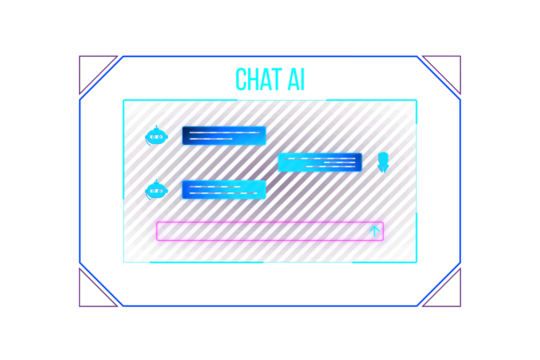 A digital chat interface concept with messages and bot icons on a striped background, representing artificial intelligence. 3D Rendering