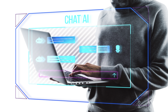 Person using a laptop with graphical chat AI interface overlay, on a white background, concept of artificial intelligence communication