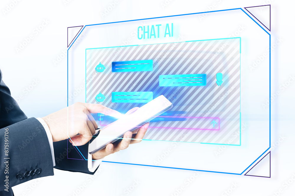 Aufkleber Person using a smartphone with a futuristic AI chat interface overlay, depicted on a light and tech-inspired background, concept of communication technology