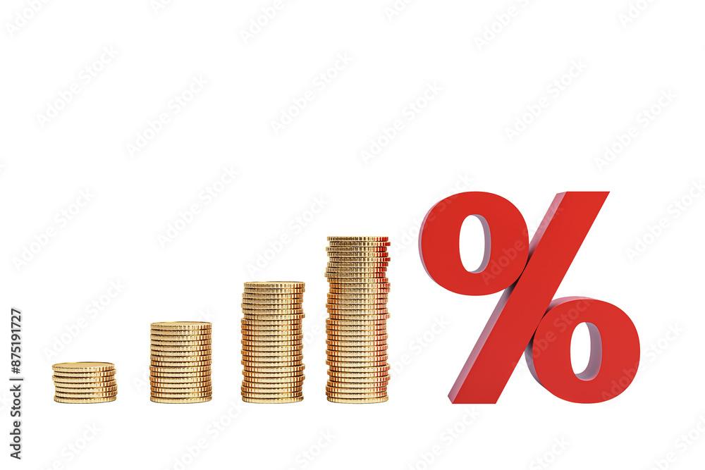 Poster stacked golden coins increasing in size next to a large red percentage symbol, isolated on a white b