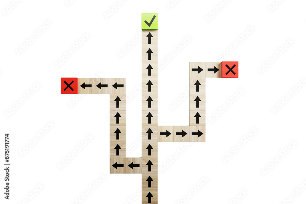 Poster Wooden blocks with arrows pointing in different directions against a white background, concept of decision making. 3D Rendering