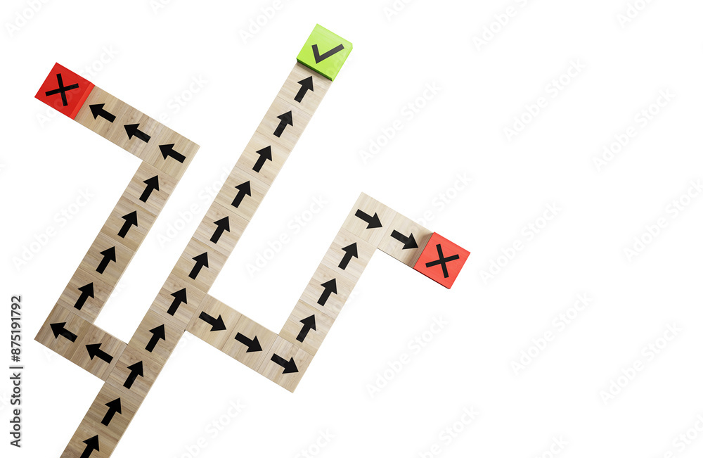 Poster wooden pathway with arrows, green check mark, and red crosses on a white background, symbolizing dec