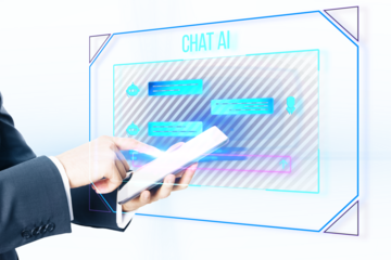 Person using a smartphone with a futuristic AI chat interface overlay, depicted on a light and tech-inspired background, concept of communication technology