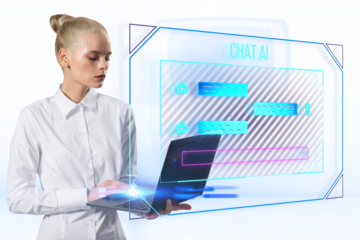 A woman interacts with a futuristic AI chat interface, with a graphic overlay on a white background, illustrating technology interaction