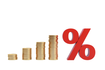 Stacked golden coins increasing in size next to a large red percentage symbol, isolated on a white background, concept of financial growth. 3D Rendering