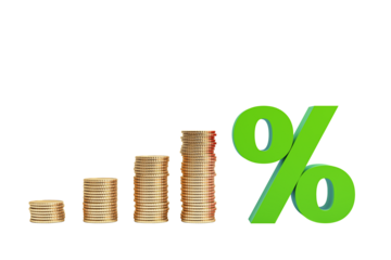 Stacks of coins in progressive heights next to a green percentage symbol, isolated on a white background, concept of financial growth. 3D Rendering