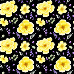Watercolor yellow roses bouquet retro seamless pattern. Summer arrangements with lemon flowers and lavender on black