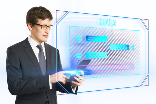 A businessman interacting with a futuristic holographic chat AI interface on a white background, depicting modern communication technology