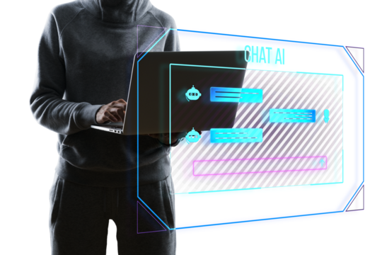 A person using a laptop with a graphical overlay representing AI chat, set against a striped background, concept of futuristic communication