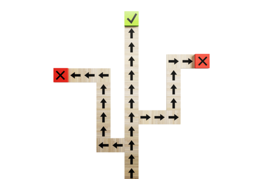 Wooden blocks with arrows pointing in different directions against a white background, concept of decision making. 3D Rendering