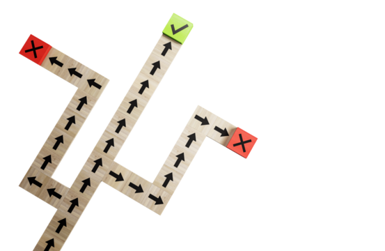 Wooden pathway with arrows, green check mark, and red crosses on a white background, symbolizing decision making. 3D Rendering