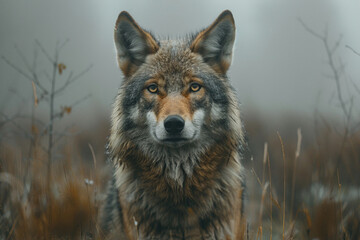 A wild wolf looks straight into the camera against a blurred background of foggy nature. Generated by artificial intelligence