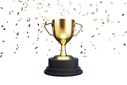 A golden trophy with handles on a black base surrounded by falling confetti, isolated on a white background, conveying the concept of celebration and victory. 3D Rendering