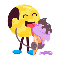 Cute flat style cartoon eating cone ice cream 

