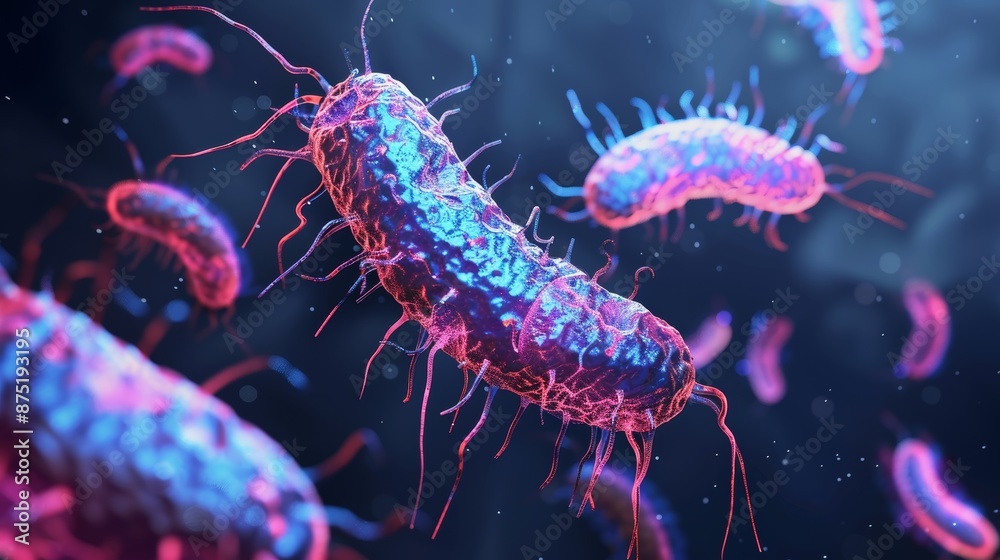 Wall mural microscopic view of bacteria with a colorful gradient in a dark background