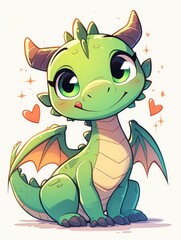 Fototapeta premium Adorable Green Dragon Fantasy Creature with Heart Eyes