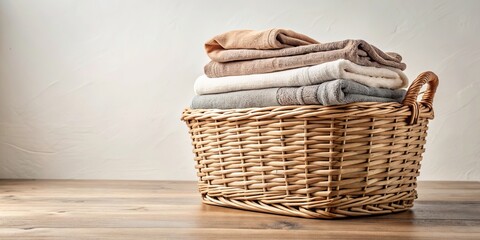 Obraz premium Cozy wicker laundry basket filled with neatly stacked towels , home, laundry, basket, wicker, towels, stacked, cozy, inviting