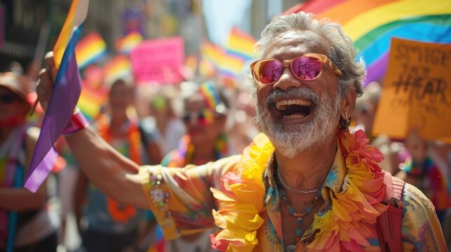 A group of elderly LGBTQ activists march in a pride parade, holding signs and banners with messages of love and equality. Their determination and passion for the cause are evident, inspiring others
