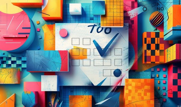 A creative abstract illustration depicting a to-do list, featuring stylized text and check marks, with a blend of vibrant colors and shapes, symbolizing organization and productivity, Generative AI