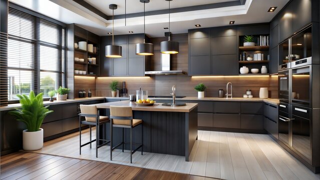 U-shaped kitchen, modern style, modern interior, black color