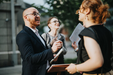 Business professionals engage in an informal outdoor meeting, sharing ideas and having a positive discussion.