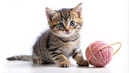 Cute baby kitten playing with a ball of yarn on a white background, kitten, cat, pet, adorable, playful, furry, small, furry