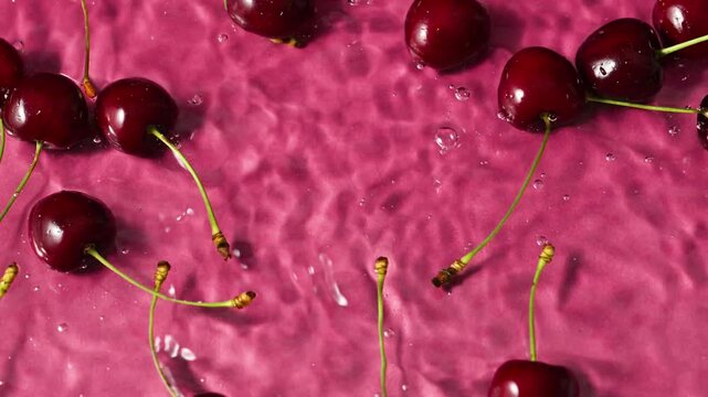Falling ripe cherries with splashing water