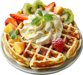 Delicious Belgian waffle with whipped cream and fresh fruit toppings, perfect for a sweet breakfast or dessert treat.