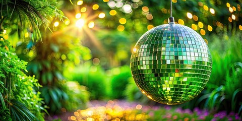 Obraz premium Enchanted green disco ball lighting up garden party with magical atmosphere, Green, disco ball, garden party, enchanting