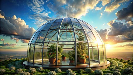 Fototapeta premium Glass dome greenhouse high in the sky, glasshouse, sky, aerial view, high altitude, futuristic, eco friendly
