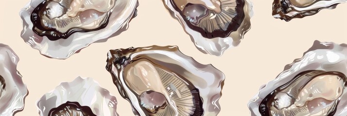 Horizontal banner. National Oyster Day. Fresh oysters on a light pink background. Flat illustration. For menus, posters, banners, flyers, restaurant design