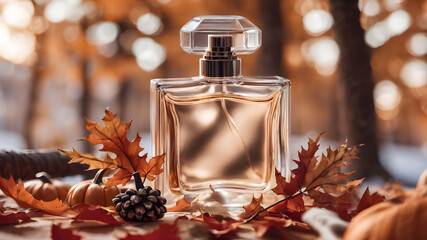 A perfume bottle styled according to the season. For example, a bottle surrounded by autumn leaves and pumpkins for fall, or snowy pine branches and fairy lights for winter.