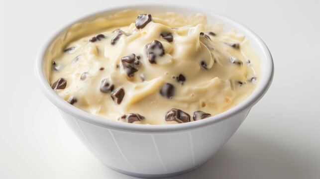 A bowl of British spotted dick with custard on a white background.