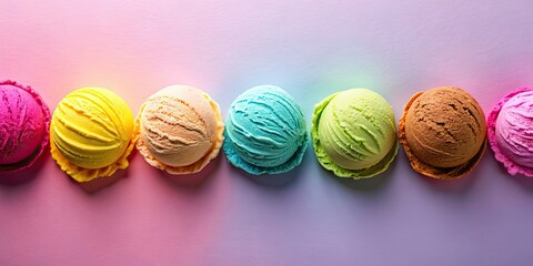 Obraz premium Colorful ice cream scoops on colored background, Ice cream, scoops, colorful, dessert, sweet, treat, summer, cold, frozen