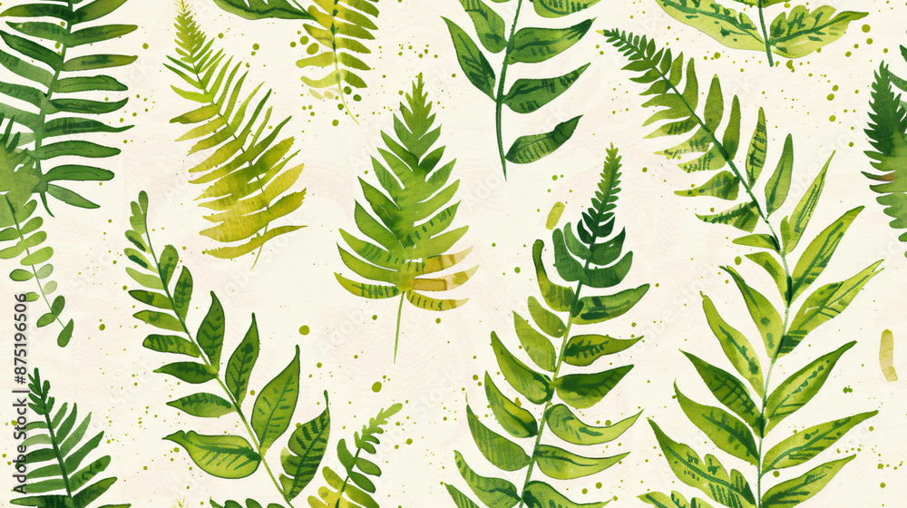 Poster seamless botanical pattern with green watercolor ferns on a light background