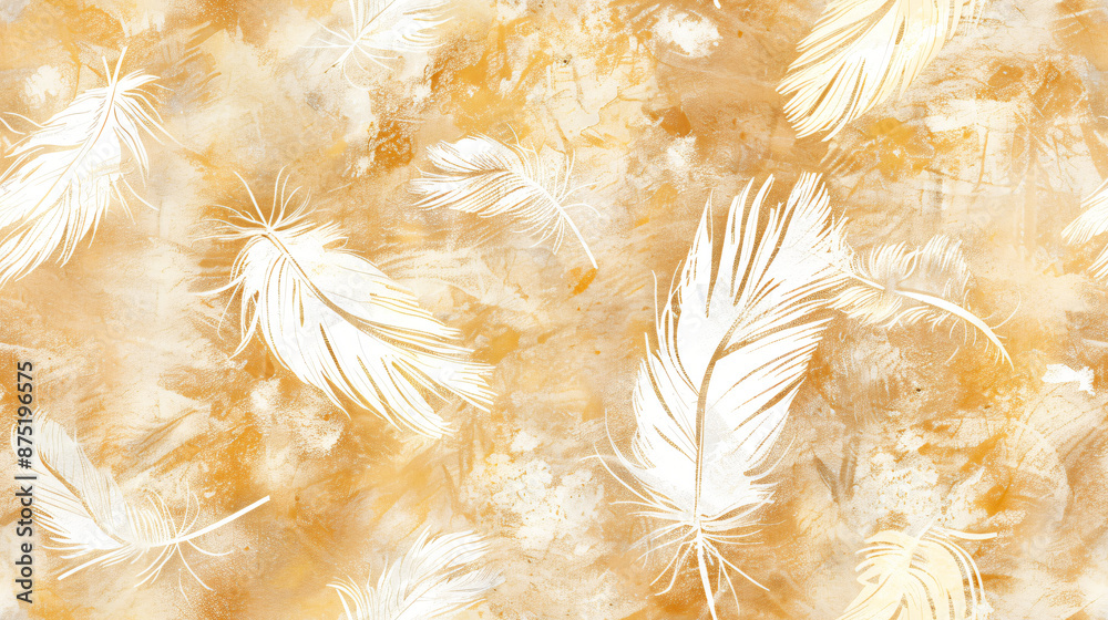 Poster White feathers floating on a golden textured background, creating a serene and elegant atmosphere