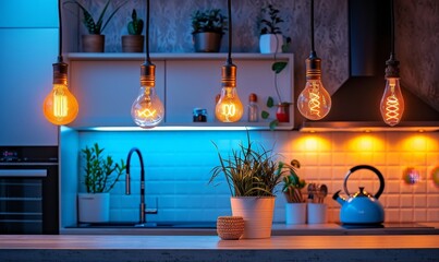 An energy efficiency concept showcasing a modern LED lighting, and energy-saving appliances, symbolizing low power consumption and the adoption of renewable energy, Generative AI