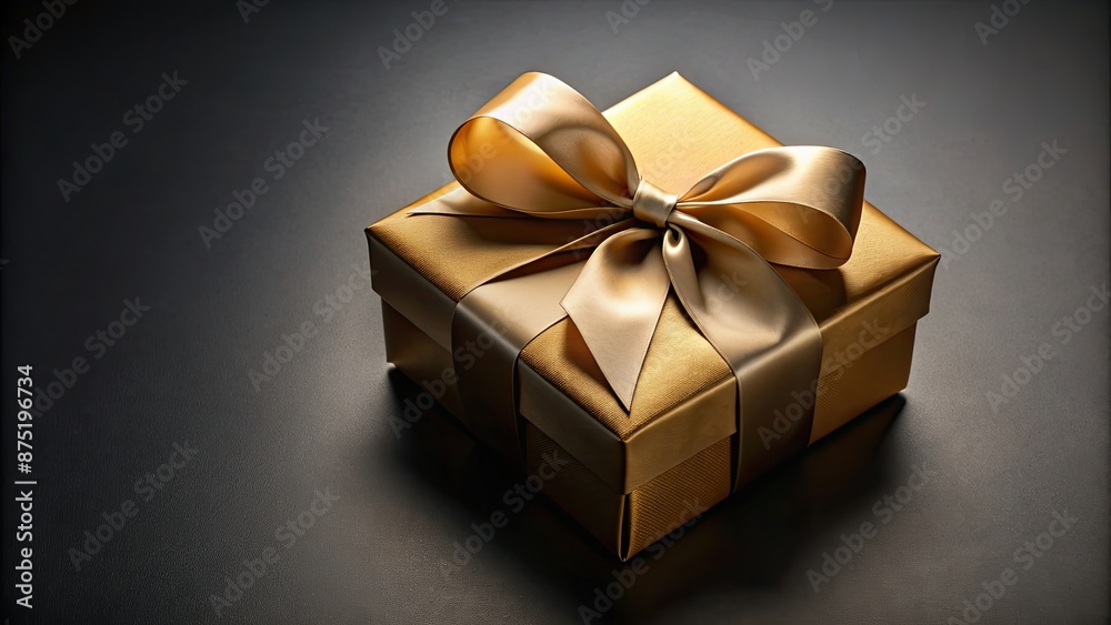 Wall mural Elegant gold gift box with satin ribbon on dark background, luxury, present, package, celebration, wrapping, festive