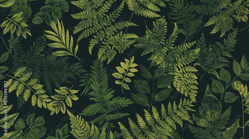 Poster seamless pattern with green ferns on a dark background for textile, fabric and wallpaper