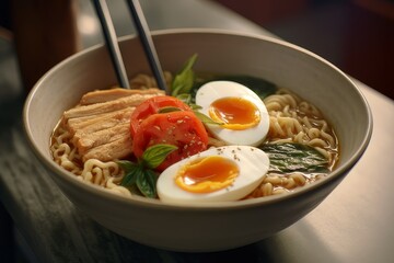 Japanese ramen noodle soup with egg in a bowl. closeup
