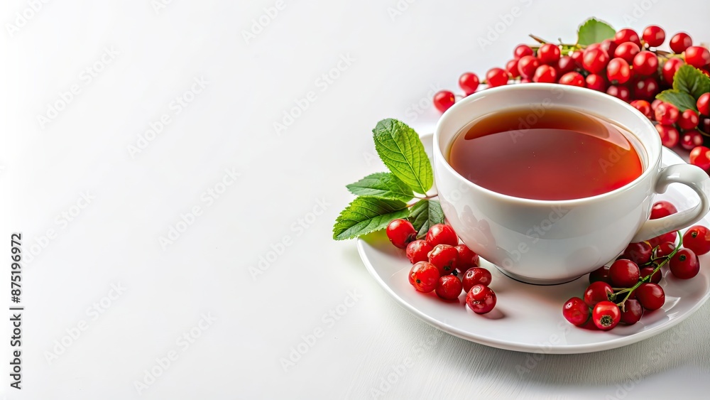 Poster Cup of tea with red berries on white background, tea, cup, berries, red, drink, herbal, hot, beverage, season, refreshing