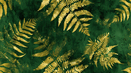 Luxurious and natural aesthetic: seamless golden fern leaves pattern on a green grunge background