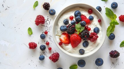 A bowl of Icelandic skyr with fresh berries on a white background.