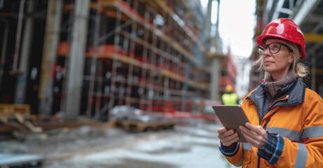 A female construction worker wearing a red hard hat holds a tablet while standing at a construction site. She is focused on her work, with scaffolding and construction materials in the background.