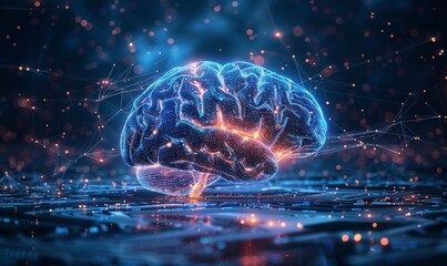 Big data and artificial intelligence concept. Human brain glowing from processor, symbolizing the fusion of human intelligence and machine learning capabilities. Evolution of data tech, Generative AI