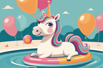 Cute unicorn floating in water in swimming pool, cartoon character.