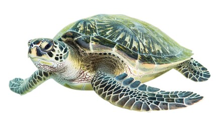 Fototapeta premium Isolated Green Sea Turtle on White Background in Shallow Reef