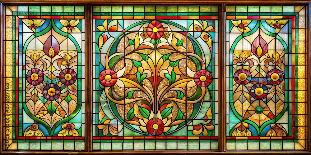 Wall mural Colorful vintage stained glass window with Art Nouveau decoration, stained glass, colorful, vintage, window